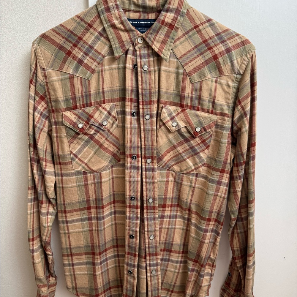 Ralph Lauren Sport cotton Flannel Plaid Western Shirt size 10 - Tan and Brown